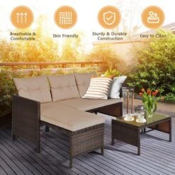 Costway 3PCS Patio Wicker Rattan Sofa Set Outdoor Sectional Conversation Set Garden Lawn Brown -Costway GUEST 25a36923 c4b4 4da9 80ae 457e7b261364