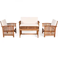 Costway 4PCS Patio Solid Wood Furniture Set Conversation Coffee Table W/White Cushion -Costway GUEST 263ce62c 0785 4446 9603 6e2db88993e5