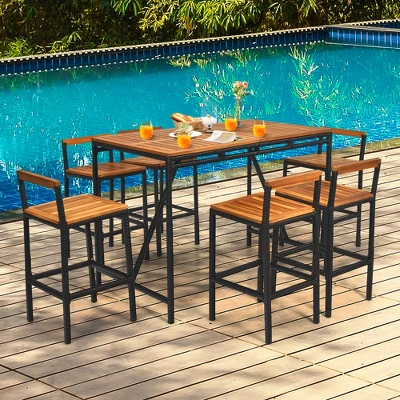 Costway 7PCS Patio Rattan Bar Set Acacia Wood Frame Stools Table Umbrella Hole 2 Costway 7PCS Patio Rattan Bar Set Acacia Wood Frame Stools Table Umbrella Hole - Image 2