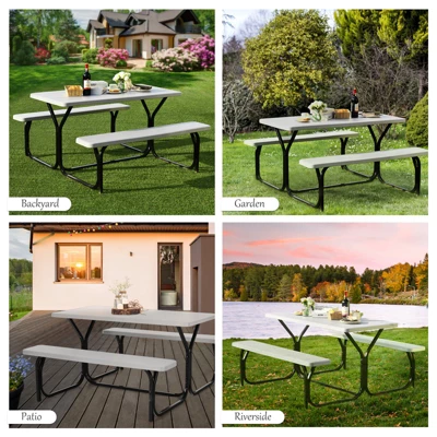 Costway Picnic Table Bench Set Outdoor Backyard Patio Garden Party Dining All Weather White 4 Costway Picnic Table Bench Set Outdoor Backyard Patio Garden Party Dining All Weather White - Image 4