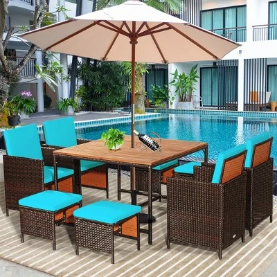 Costway 9PCS Patio Rattan Dining Set Cushioned Chairs Ottoman Wood Table Top WhiteRed 11 Costway 9PCS Patio Rattan Dining Set Cushioned Chairs Ottoman Wood Table Top WhiteRed - Image 11