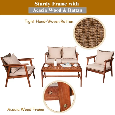 Costway 4PCS Patio Rattan Furniture Set Acacia Wood Frame Cushioned Sofa Chair Garden 6 Costway 4PCS Patio Rattan Furniture Set Acacia Wood Frame Cushioned Sofa Chair Garden - Image 6