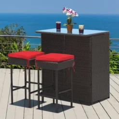 Costway 3PCS Patio Rattan Wicker Bar Table Stools Dining Set Cushioned Chairs Garden Red -Costway GUEST 296d1386 dd81 42c7 874c d5d9b33daf41