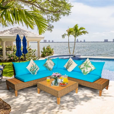 Costway 8PCS Patio Rattan Furniture Set Loveseat W/Wooden Side Table Cushioned Turquoise 2 Costway 8PCS Patio Rattan Furniture Set Loveseat W/Wooden Side Table Cushioned Turquoise - Image 2