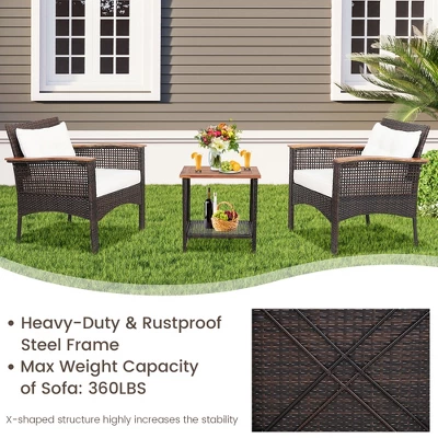Costway 3PCS Patio Rattan Furniture Set Acacia Wood Table Top W/Shelf Cushioned 7 Costway 3PCS Patio Rattan Furniture Set Acacia Wood Table Top W/Shelf Cushioned - Image 7