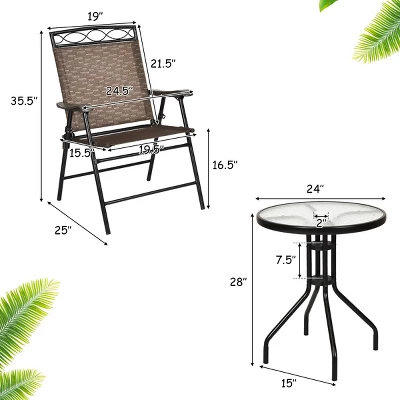 Costway 3 PCS Bistro Conversation Patio Pub Dining Set W/ 2 Folding Chairs & Glass Table 3 Costway 3 PCS Bistro Conversation Patio Pub Dining Set W/ 2 Folding Chairs & Glass Table - Image 3