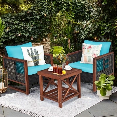 Costway 3PCS Patio Wicker Furniture Set Solid Wood Frame Cushion Sofa W/ Square Table Shelf 1 Costway 3PCS Patio Wicker Furniture Set Solid Wood Frame Cushion Sofa W/ Square Table Shelf