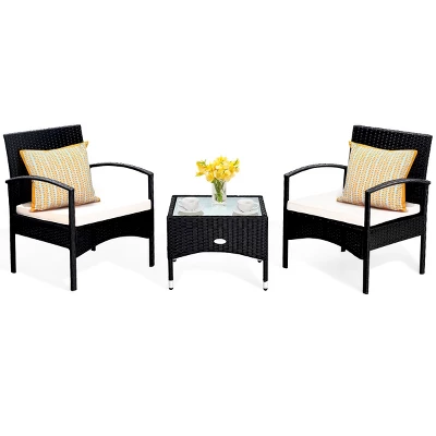Costway 3 PCS Furniture Set Table & 2 Chair Patio Wicker Rattan W/Cushion 1 Costway 3 PCS Furniture Set Table & 2 Chair Patio Wicker Rattan W/Cushion