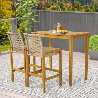 Costway Set Of 4 Patio Wood Barstools Rattan Bar Height Chairs With Backrest Porch Balcony 2 Costway Set Of 4 Patio Wood Barstools Rattan Bar Height Chairs With Backrest Porch Balcony - Image 2
