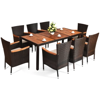 Costway 9PCS Patio Rattan Dining Set 8 Chairs Cushioned Acacia Table Top 1 Costway 9PCS Patio Rattan Dining Set 8 Chairs Cushioned Acacia Table Top