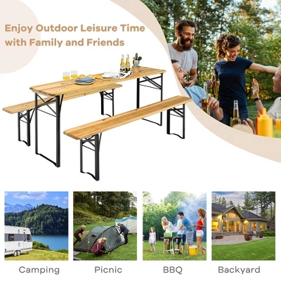 Costway 3 PCS Beer Table Bench Set Folding Wooden Top Picnic Table Patio Garden 7 Costway 3 PCS Beer Table Bench Set Folding Wooden Top Picnic Table Patio Garden - Image 7