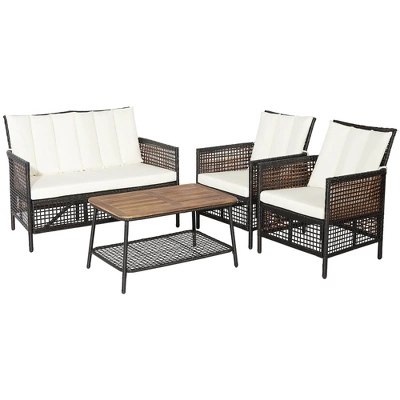 Costway Patiojoy 4PCS Patio Rattan Furniture Set Cushioned Chairs Wood Table Top W/Shelf 2 Costway Patiojoy 4PCS Patio Rattan Furniture Set Cushioned Chairs Wood Table Top W/Shelf - Image 2