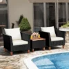 Costway 3 PCS Outdoor Patio Rattan Bistro Furniture Set Wooden Table Top Cushioned Sofa Black Brown