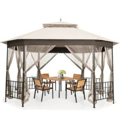 Costway 10'x12' Patio Gazebo Canopy Shelter Double Top Netting Sidewalls Beige -Costway GUEST 2e443a04 49c8 4264 9759 64bd814c2347