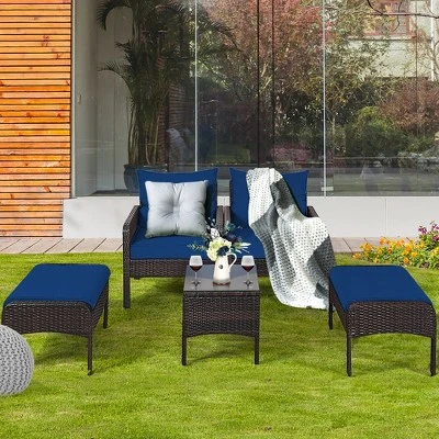 Costway 5 PCS Patio Rattan Wicker Furniture Set Sofa Ottoman Coffee Table Cushioned 8 Costway 5 PCS Patio Rattan Wicker Furniture Set Sofa Ottoman Coffee Table Cushioned - Image 8