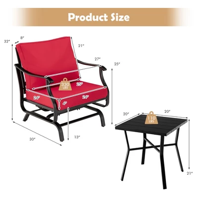 Costway 3PCS Patio Rocking Bistro Set Cushioned Chair Armrest Side Table Red 2 Costway 3PCS Patio Rocking Bistro Set Cushioned Chair Armrest Side Table Red - Image 2