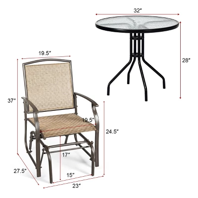 Costway 3PCS Patio Bistro Furniture Set Rocking Glider Chair Glass Table 1 Costway 3PCS Patio Bistro Furniture Set Rocking Glider Chair Glass Table
