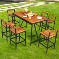 Costway 7PCS Patio Rattan Bar Set Acacia Wood Frame Stools Table Umbrella Hole