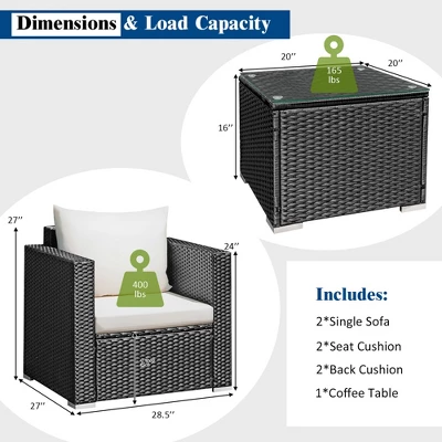 Costway 3PCS Patio Wicker Furniture Set Conversation Rattan Sofa Set W/Cushion Garden 2 Costway 3PCS Patio Wicker Furniture Set Conversation Rattan Sofa Set W/Cushion Garden - Image 2