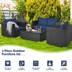 Costway 4PCS Patio Rattan Furniture Set Cushioned Sofa Loveseat With Navy & Turquoise Cover -Costway GUEST 31087d07 6937 4369 8e3d 5ddb2359a9b6