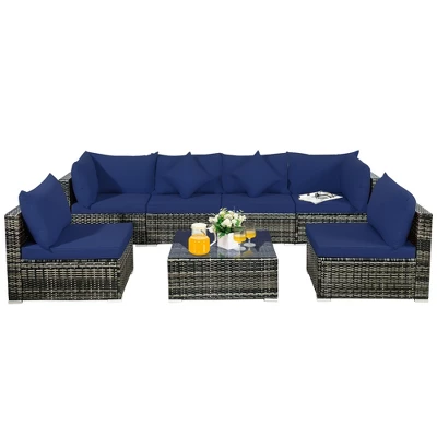 Costway 7PCS Patio Rattan Furniture Set Sectional Sofa Garden Navy Cushion 3 Costway 7PCS Patio Rattan Furniture Set Sectional Sofa Garden Navy Cushion - Image 3