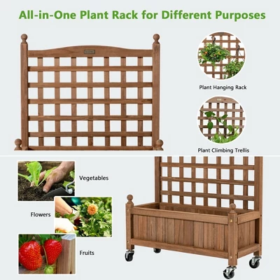 Costway 32in Wood Planter Box W/Trellis Mobile Raised Bed For Climbing Plant 4 Costway 32in Wood Planter Box W/Trellis Mobile Raised Bed For Climbing Plant - Image 4