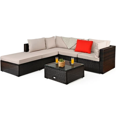 Costway 6PCS Outdoor Patio Rattan Furniture Set Cushioned Sectional Sofa Table Ottoman 9 Costway 6PCS Outdoor Patio Rattan Furniture Set Cushioned Sectional Sofa Table Ottoman - Image 9