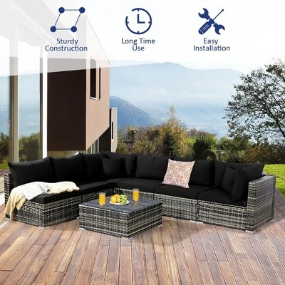 Costway 7PCS Patio Rattan Furniture Set Sectional Sofa Garden Black Cushion 4 Costway 7PCS Patio Rattan Furniture Set Sectional Sofa Garden Black Cushion - Image 4