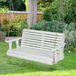 Costway Porch Swing Wood Outdoor Patio Hanging Bench Chair For Garden Backyard White/Brown -Costway GUEST 334038fb 2f11 4b09 896a 72ab34554f1d