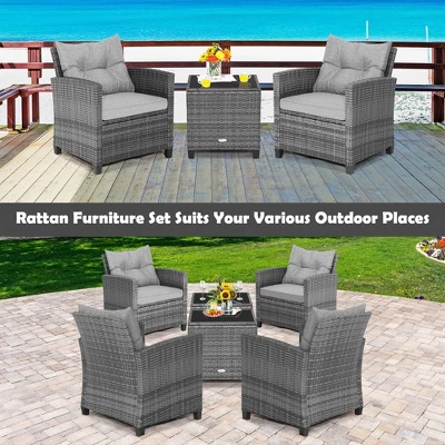 Costway 3PCS Patio Rattan Furniture Bistro Set Cushioned Sofas Side Table Armrest Grey 5 Costway 3PCS Patio Rattan Furniture Bistro Set Cushioned Sofas Side Table Armrest Grey - Image 5