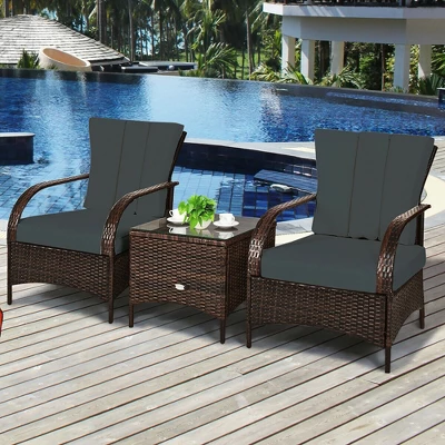 Costway 3 PCS Patio Rattan Furniture Set Coffee Table & 2 Rattan Chair W/Gray Cushions 4 Costway 3 PCS Patio Rattan Furniture Set Coffee Table & 2 Rattan Chair W/Gray Cushions - Image 4