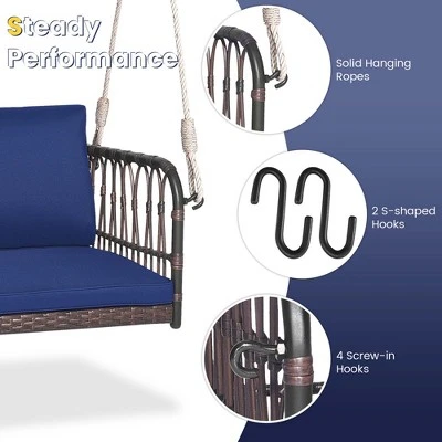 Costway Porch Swing Chair Rattan Woven Hanging Bench Seat With Cushions Hooks Balcony Navy 7 Costway Porch Swing Chair Rattan Woven Hanging Bench Seat With Cushions Hooks Balcony Navy - Image 7