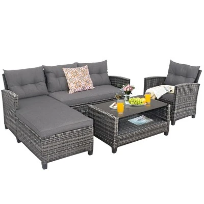 Costway 4PCS Patio Rattan Furniture Set Cushioned Loveseat Table Shelf Gray 1 Costway 4PCS Patio Rattan Furniture Set Cushioned Loveseat Table Shelf Gray