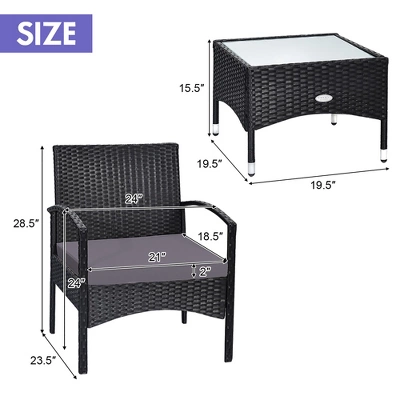 Costway 3 PCS Patio Wicker Rattan Furniture Set Coffee Table & 2 Rattan Chair W/Cushion 3 Costway 3 PCS Patio Wicker Rattan Furniture Set Coffee Table & 2 Rattan Chair W/Cushion - Image 3