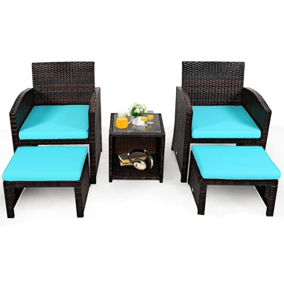 Costway 5PCS Patio Rattan Wicker Furniture Set Sofa Ottoman Cushion Turquoise 3 Costway 5PCS Patio Rattan Wicker Furniture Set Sofa Ottoman Cushion Turquoise - Image 3