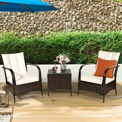 Costway 3 PCS Patio Rattan Furniture Set Coffee Table & 2 Rattan Chair W/White Cushions 2 Costway 3 PCS Patio Rattan Furniture Set Coffee Table & 2 Rattan Chair W/White Cushions - Image 2
