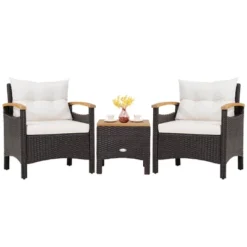 Costway 3PCS Patio Rattan Furniture Set Wooden Armrest Table Top Cushioned Deck -Costway GUEST 366cee88 7fc3 4b8a aace bc06f8dd126b