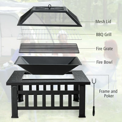 Costway 32'' 3 In 1 Outdoor Square Fire Pit Table W/ BBQ Grill, Rain Cover For Camping 6 Costway 32'' 3 In 1 Outdoor Square Fire Pit Table W/ BBQ Grill, Rain Cover For Camping - Image 6
