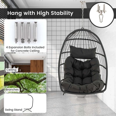 Costway Hanging Egg Chair Wicker Swing Hammock Chair With Head Pillow & Seat Cushion Gray 8 Costway Hanging Egg Chair Wicker Swing Hammock Chair With Head Pillow & Seat Cushion Gray - Image 8