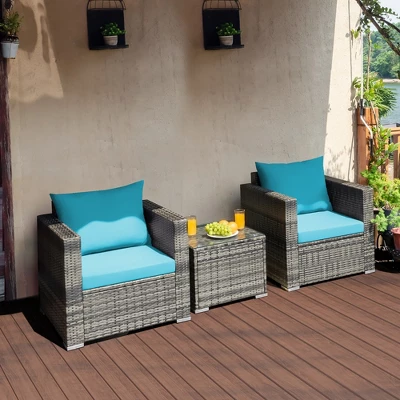 Costway 3 PC Patio Rattan Furniture Bistro Set Cushioned Sofa Chair Table WhiteNavy 12 Costway 3 PC Patio Rattan Furniture Bistro Set Cushioned Sofa Chair Table WhiteNavy - Image 12