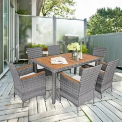 Costway 7PCS Patio Rattan Dining Set Acacia Wood Table Cushioned Chair Mix Gray -Costway GUEST 37afee33 cbea 4ced 96e2 b05762322816