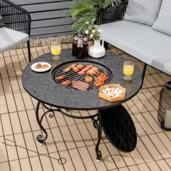 Costway 35.5'' Patio Fire Pit Dining Table Charcoal Wood Burning W/ Cooking BBQ Grate