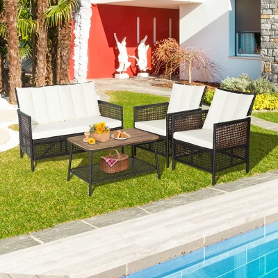 Costway 8PCS Patio Rattan Furniture Set Cushioned Chairs Wood Table Top W/Shelf 1 Costway 8PCS Patio Rattan Furniture Set Cushioned Chairs Wood Table Top W/Shelf