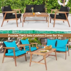 Costway 4PCS Patio Rattan Furniture Set Wooden Cushioned Sofa With Black & Turquoise Cover -Costway GUEST 380698d0 b269 49f0 bbf5 ae033e7cf2ef
