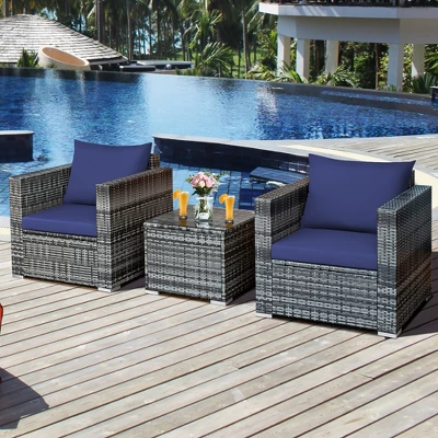 Costway 3 PC Patio Rattan Furniture Bistro Set Cushioned Sofa Chair Table WhiteNavy 6 Costway 3 PC Patio Rattan Furniture Bistro Set Cushioned Sofa Chair Table WhiteNavy - Image 6