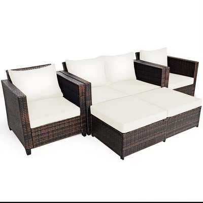 Costway 5PCS Patio Rattan Furniture Set Loveseat Sofa Ottoman Cushioned RedWhite 9 Costway 5PCS Patio Rattan Furniture Set Loveseat Sofa Ottoman Cushioned RedWhite - Image 9