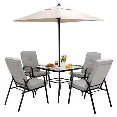 Costway 6PCS Patio Dining Set Stackable Chairs Cushioned Glass Table W/Umbrella 2 Costway 6PCS Patio Dining Set Stackable Chairs Cushioned Glass Table W/Umbrella - Image 2