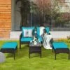 Costway 5 PCS Patio Rattan Furniture Set Sofa Ottoman Table Cushioned Turquoise