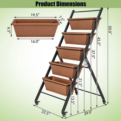 Costway 5-Tier Vertical Raised Garden Bed Elevated Planter With Wheels & Container Boxes Brown 2 Costway 5-Tier Vertical Raised Garden Bed Elevated Planter With Wheels & Container Boxes Brown - Image 2