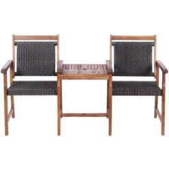 Costway 2-Seat Patio Rattan Bench Acacia Wood Frame Table W/Umbrella Hole Deck -Costway GUEST 398f82b9 00eb 4b96 8cea 56f461c3ae63